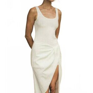 Women Anemos Selene White Linen Blend Sleeveless Drop Waist Hi-Low Midi Dress XS